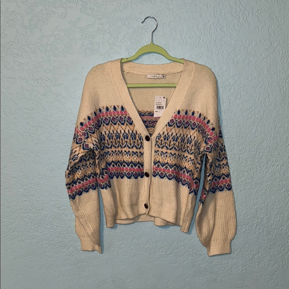 Lush Cream and Pink Cardigan Sweater Nordic Pattern